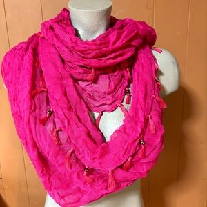 NWT Infinity Scarf w/ Beads & Tassels, Barbie Pink